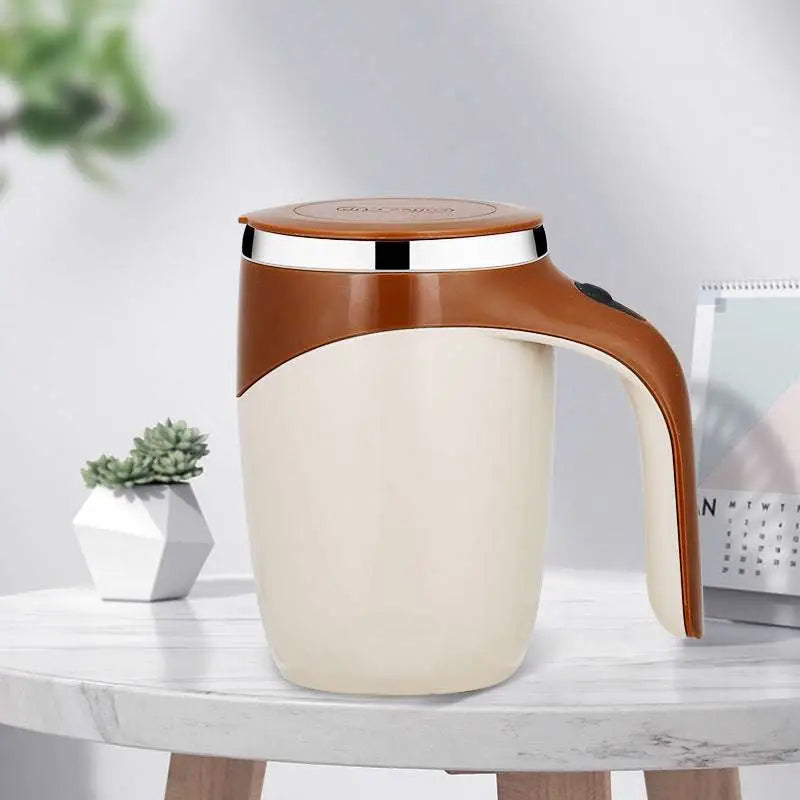 Cream-colored ceramic rechargeable model automatic stirring cup with brown handle lid and metallic rim for convenience