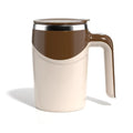 Cream-colored ceramic rechargeable model automatic stirring cup with brown lid handle and sleek metallic rim