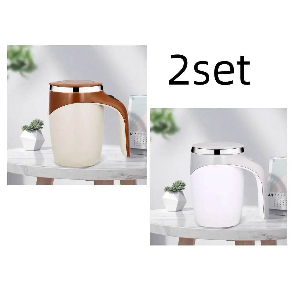 Cream-colored and brown ceramic rechargeable model automatic stirring cup with a silver rim and integrated handle for easy grip