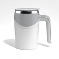 Gray and white ceramic rechargeable model travel mug with stainless steel lid featuring automatic stirring function