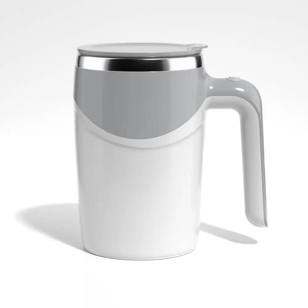Gray and white ceramic rechargeable model travel mug with stainless steel lid featuring automatic stirring function