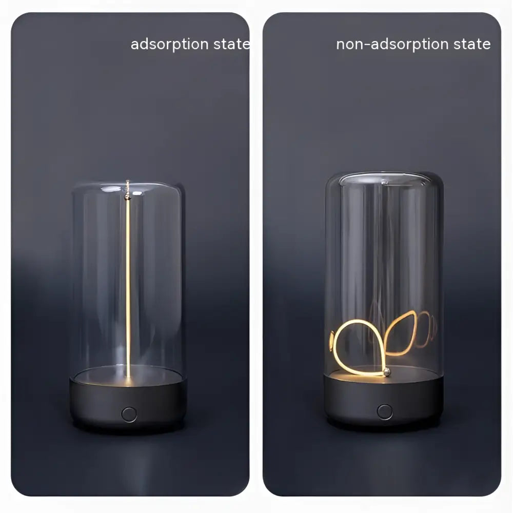 Rechargeable portable night led camping light with a sleek cylindrical glass lamp, black base, and gold filament