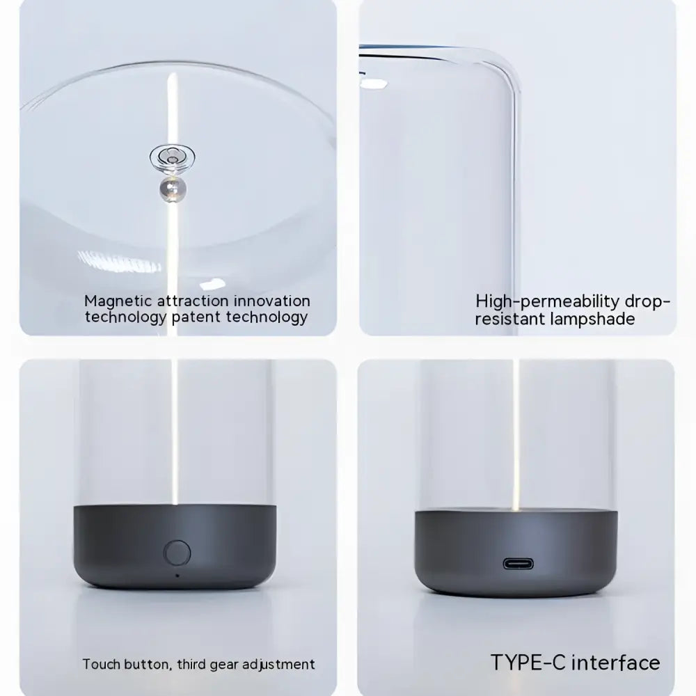 Clear glass rechargeable portable night light led camping light with sleek black base touch button and type-c interface