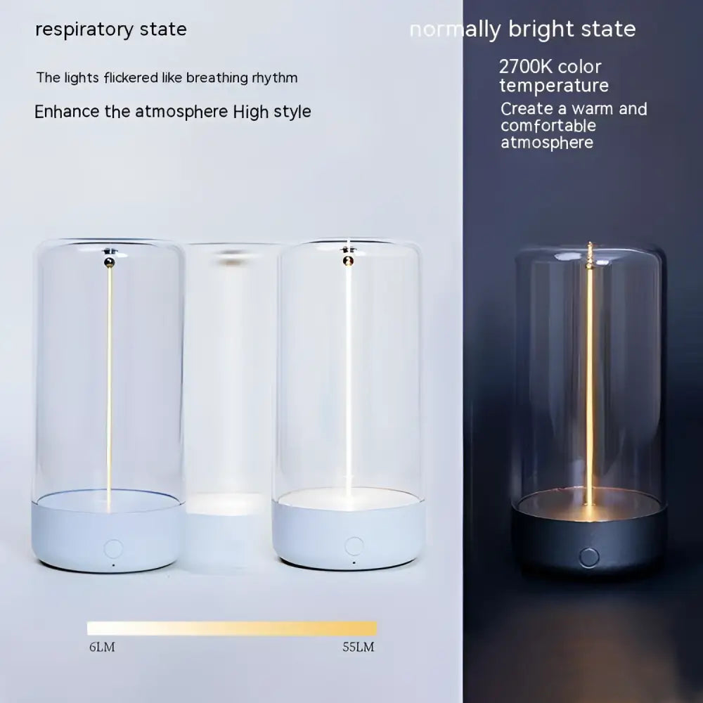 Modern cylindrical rechargeable portable night light led camping light with clear glass shade and black frosted base