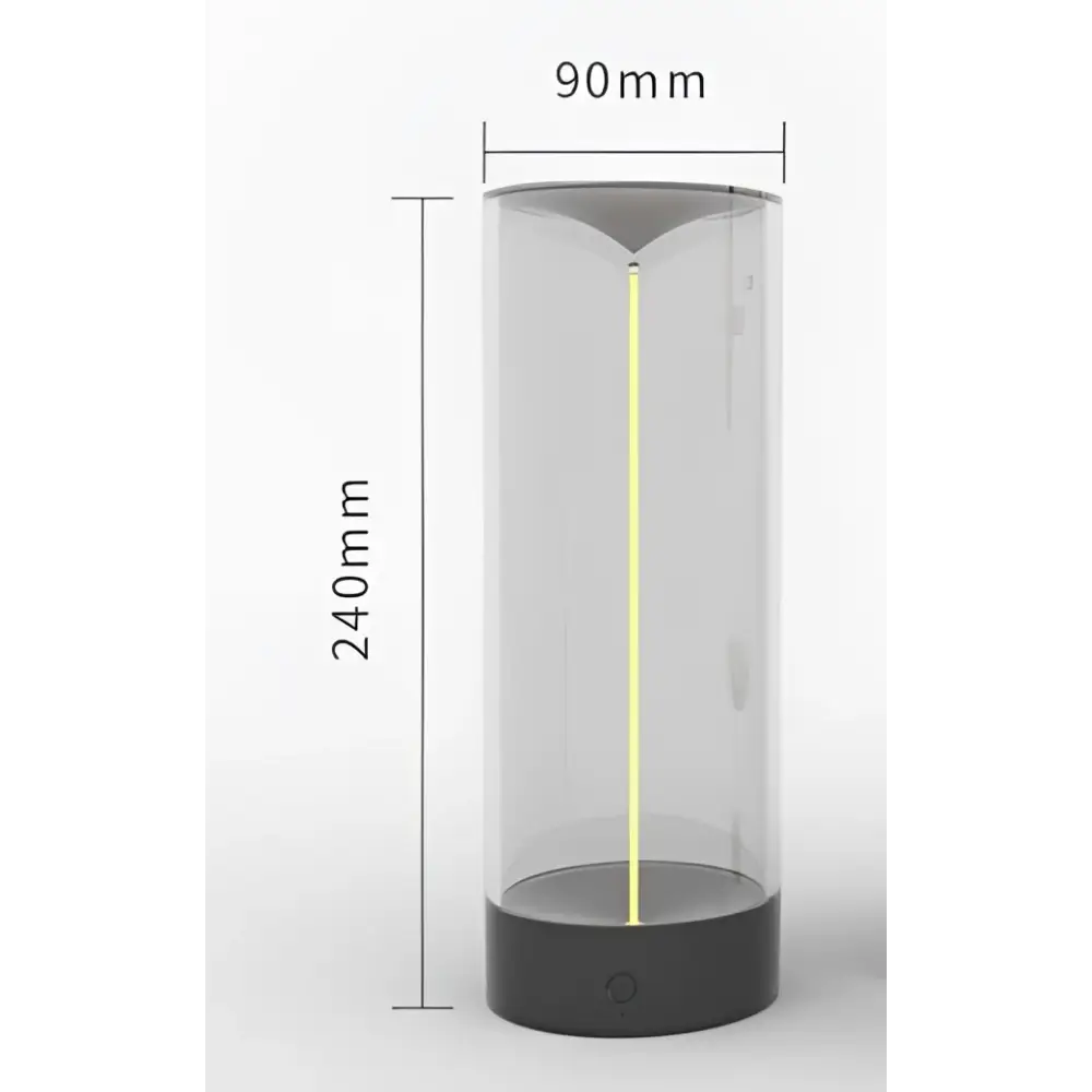A sleek rechargeable portable night light led camping light with a transparent cylinder and black base