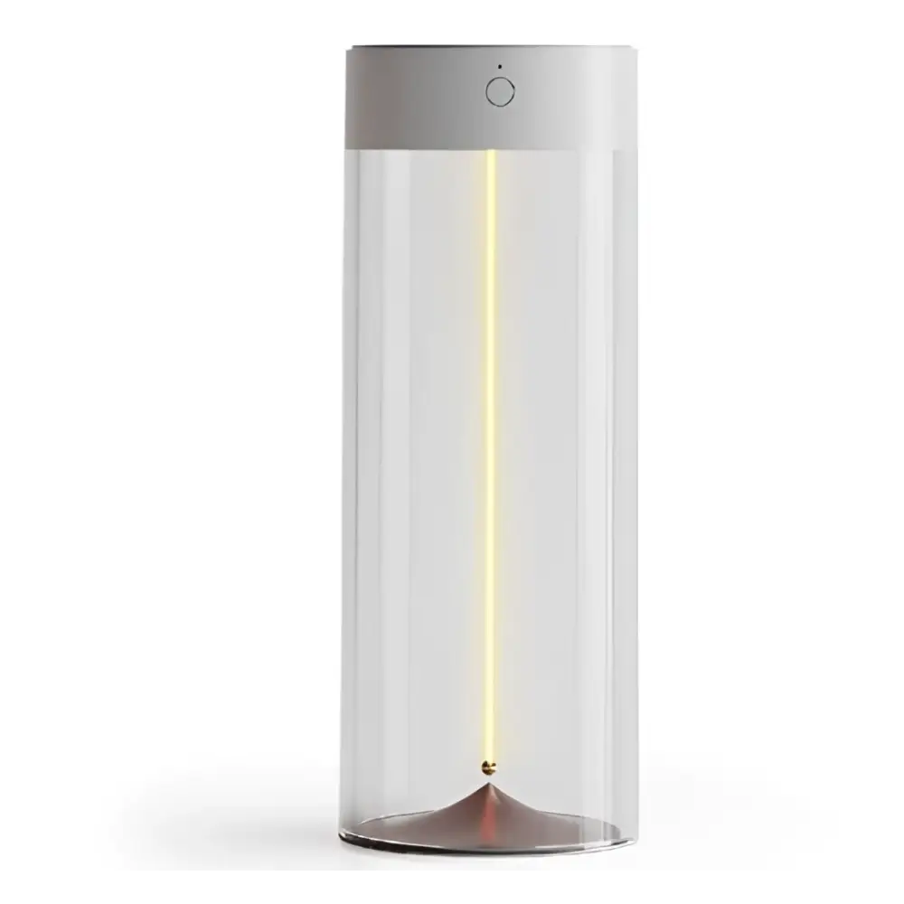 A sleek rechargeable portable night light led camping light with a warm yellow beam and minimalist silver top on black base