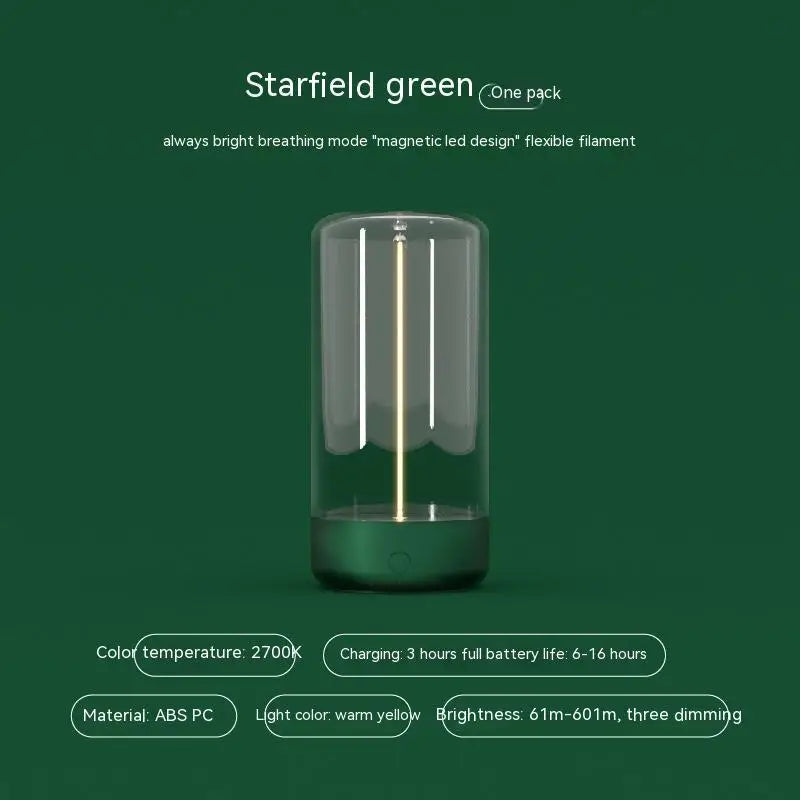 Starfield green led camping light with transparent glass housing warm yellow filament and black base rechargeable portable night