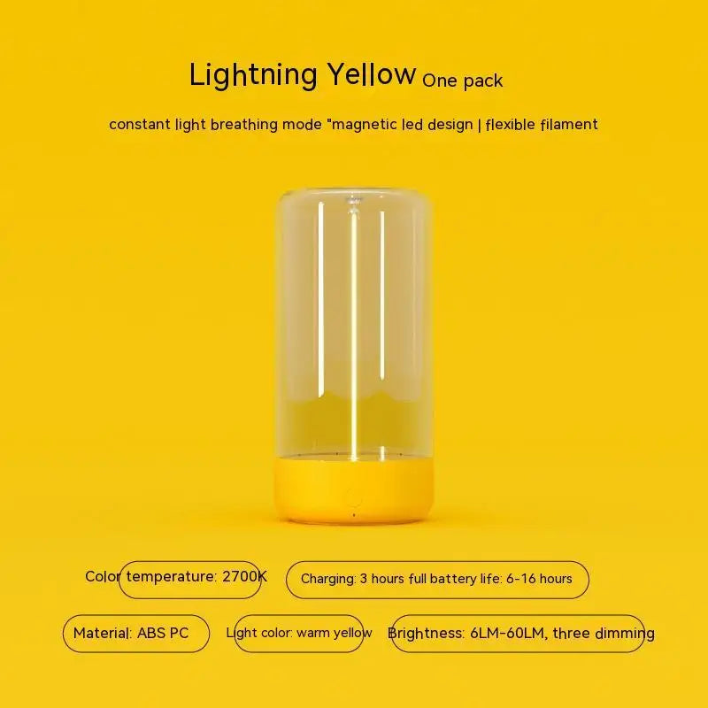 A sleek rechargeable portable night light led camping light with a transparent body and vibrant yellow base