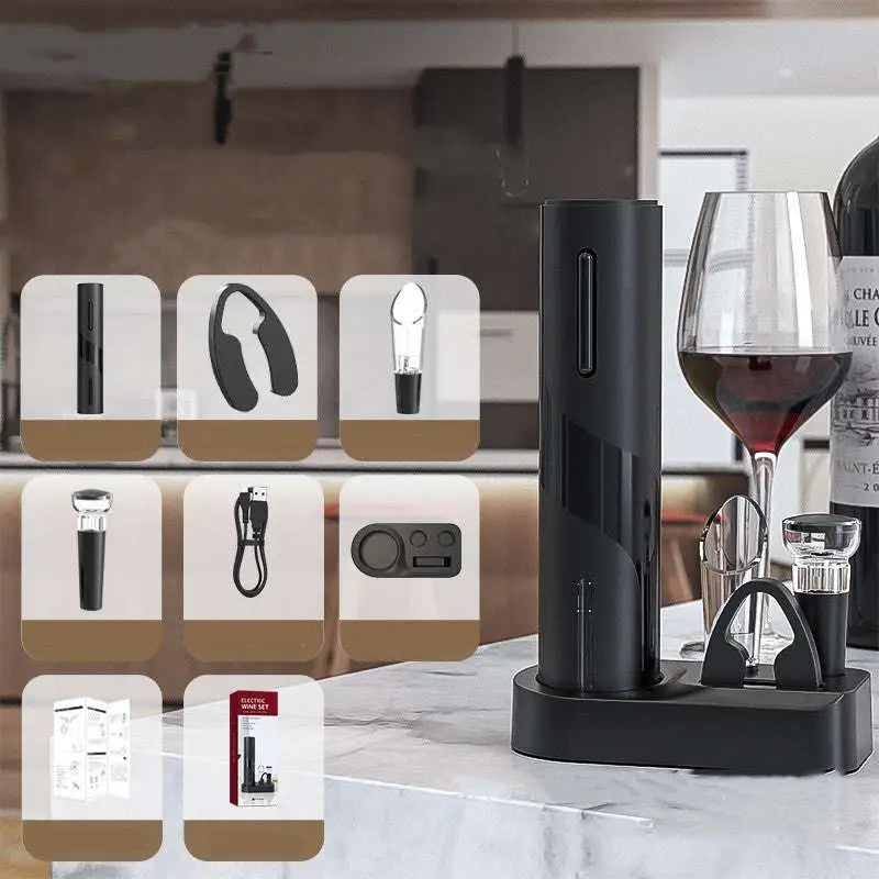 Black rechargeable usb electronic bottle opener with sleek cylindrical design and integrated charging base for effortless use