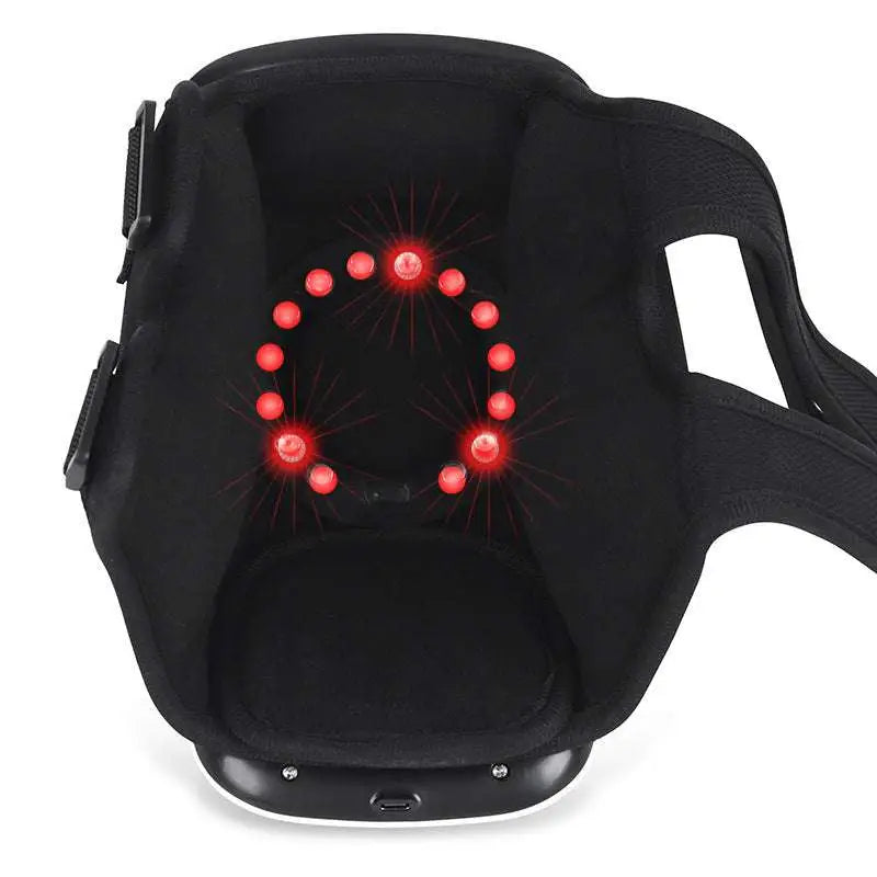 Black fabric-backed knee massager with red glowing hot compress lights in a sleek ergonomic design for vibration therapy