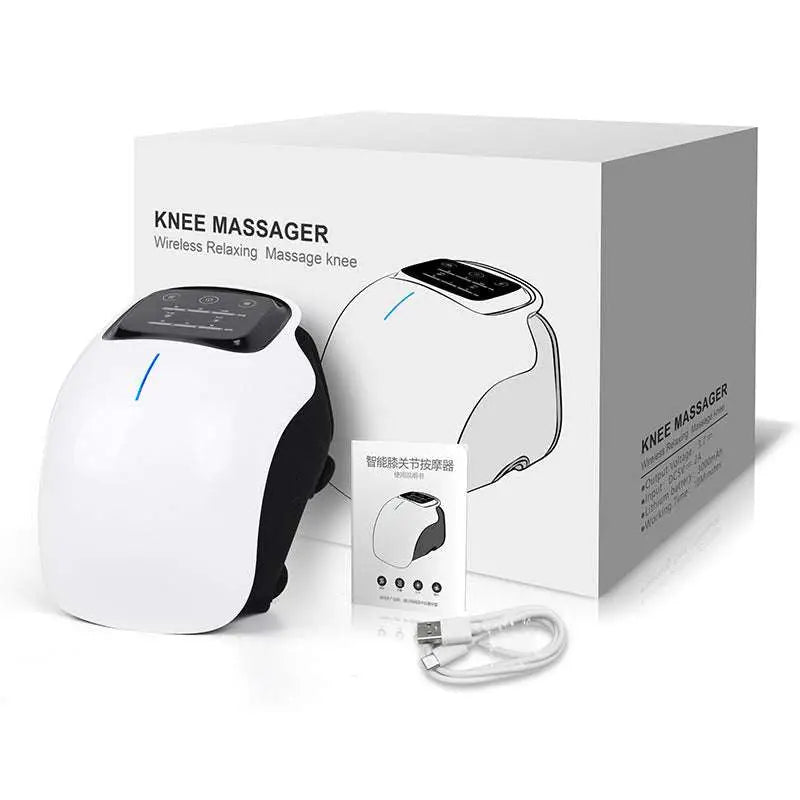 White and black rechargeable knee massager with sleek ergonomic design and digital display screen for hot compress therapy