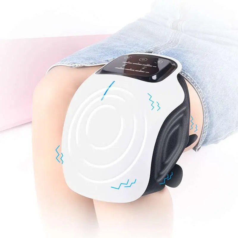 White and black rechargeable knee massager with digital display and soft silicone straps featuring sleek ergonomic design