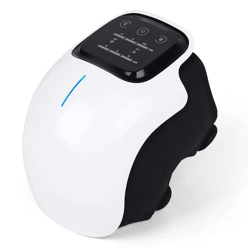 White and black rechargeable vibration knee massager with sleek ergonomic design and control panel for hot compress therapy