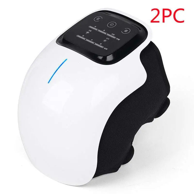White and black rechargeable vibration knee massager with sleek ergonomic design and control panel for hot compress use
