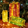 Red and green warm white lighted gift boxes set of 3 with golden ribbons vingli lighted gift with ground stakes