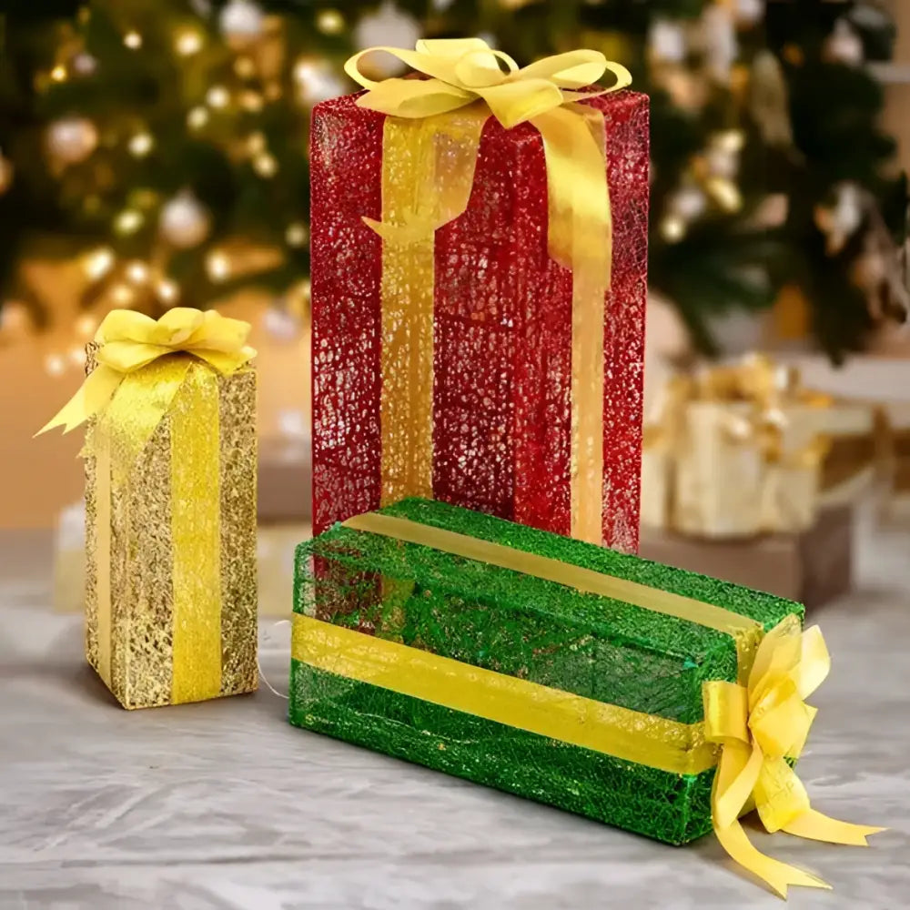 Red and green glittery lighted gift boxes set of 3 with yellow ribbons featuring vingli lighted gift and ground stakes