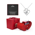 Red metallic heart-shaped apple jewelry box with clear window and silver clasp for eternal rose and clavicle chain storage