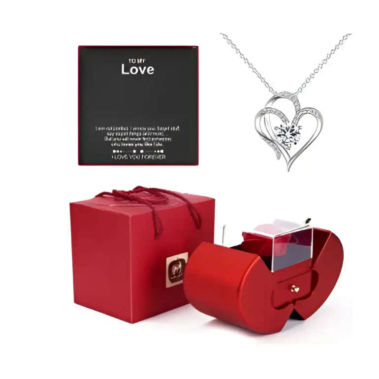 Red metallic heart-shaped apple jewelry box with clear window and silver clasp for eternal rose and clavicle chain storage