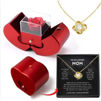 Red apple jewelry box with clear acrylic lid displaying an eternal rose and clavicle chain inside a red heart-shaped box