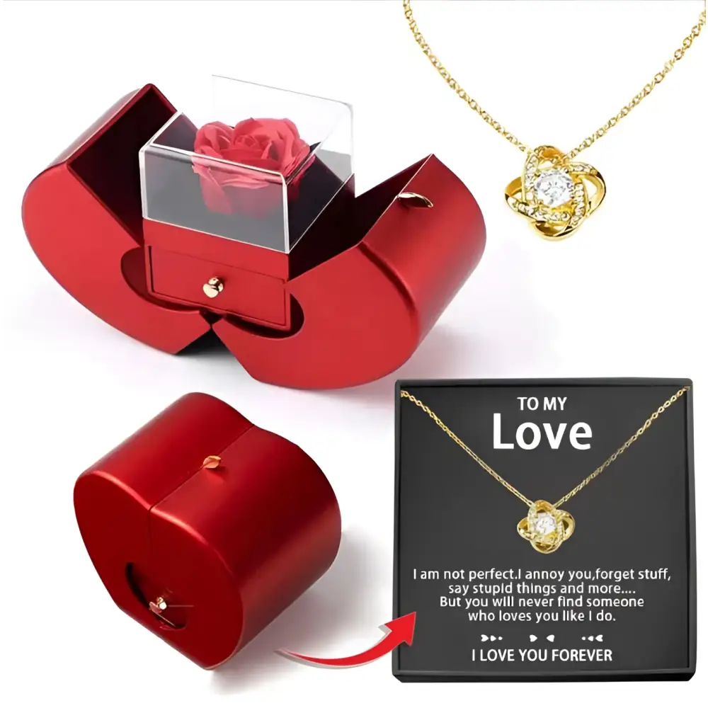 Red apple jewelry box with clear lid showcasing a preserved red eternal rose and a silver clavicle chain necklace inside