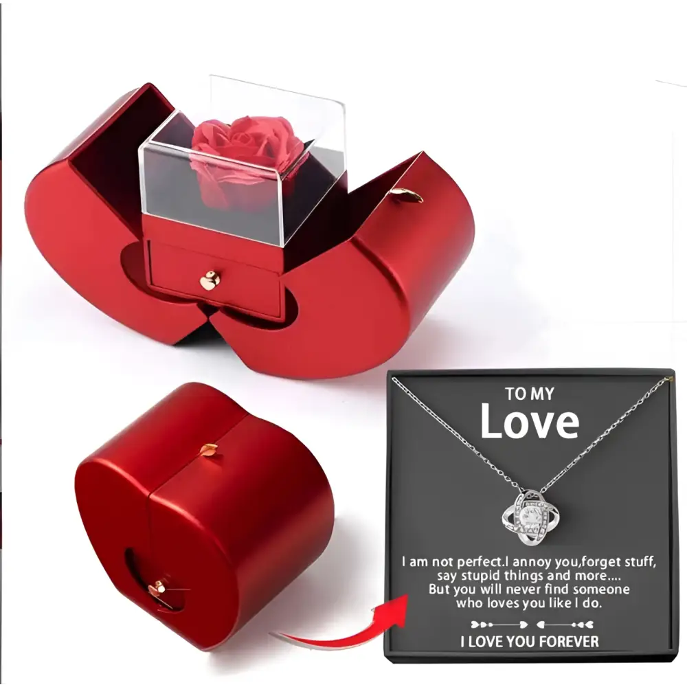 Red apple jewelry box with red metallic heart shape, clear acrylic lid, preserved eternal rose, and clavicle chain inside
