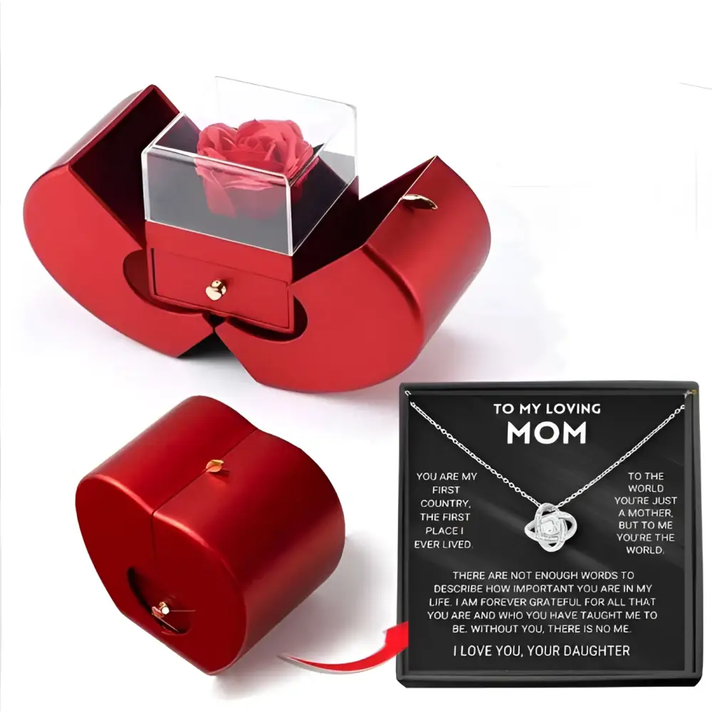 Red apple jewelry box with red metallic heart shape and clear acrylic lid containing an eternal rose and clavicle chain