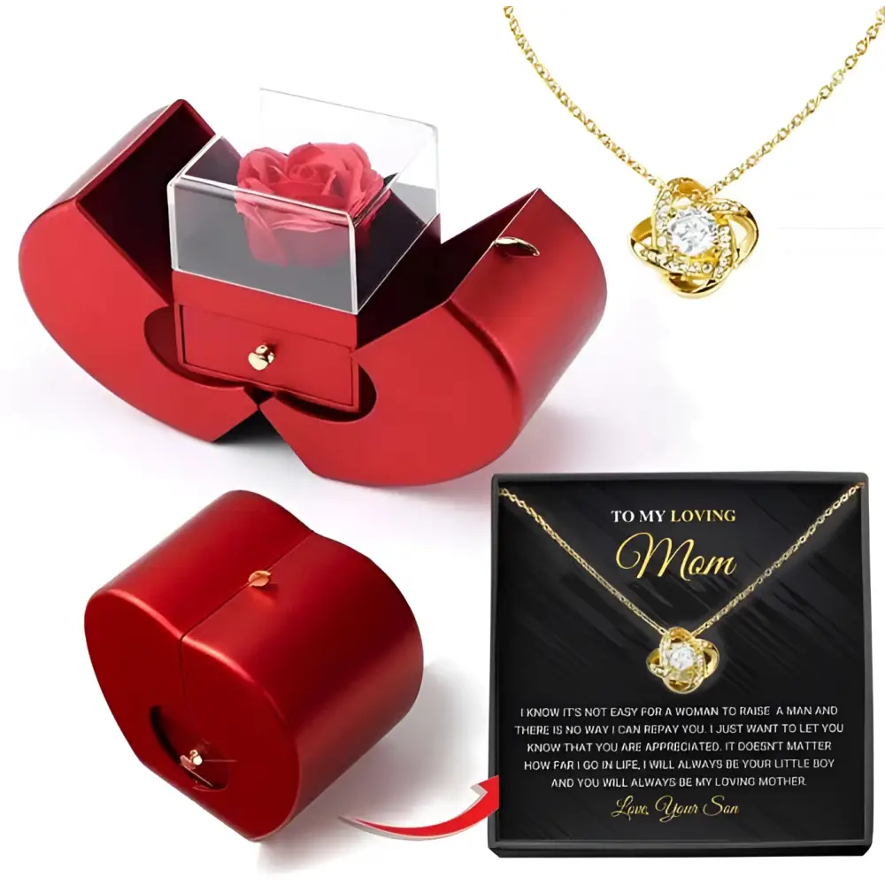 Red apple jewelry box with clear lid showing a red eternal rose and silver clavicle chain inside heart shape