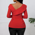 Red asymmetrical ladies fashion solid color peplum top with long sleeves and draped asymmetrical neckline