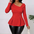 Red asymmetrical ladies fashion solid color peplum top with long sleeves draped neckline and pleated hem