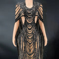 Black sequin evening gown featuring beaded celebrate crystal accents and sheer mesh panels for elegant occasions