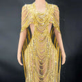 Red beaded celebrate crystal sequin evening gown with shimmering gold sequins cascading chains and intricate beaded detailing