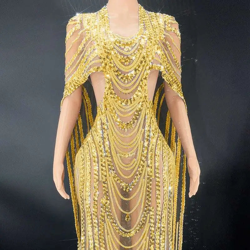 Red beaded celebrate crystal sequin evening gown with shimmering gold sequins cascading chains and intricate beaded detailing