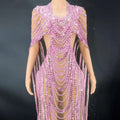 A shimmering pink sequin evening gown with beaded celebrate crystal details and sheer mesh panels for evening wear