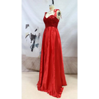 A vibrant red beaded satin temperament long banquet evening dress with a satin gown and ribbon ties at the shoulders
