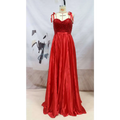 Red beaded satin temperament long banquet evening dress featuring a vibrant red satin gown with a beaded bodice and ribbon ties at the shoulders