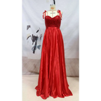 Red beaded satin temperament long banquet evening dress featuring a vibrant red satin gown with a beaded bodice and ribbon ties at the shoulders