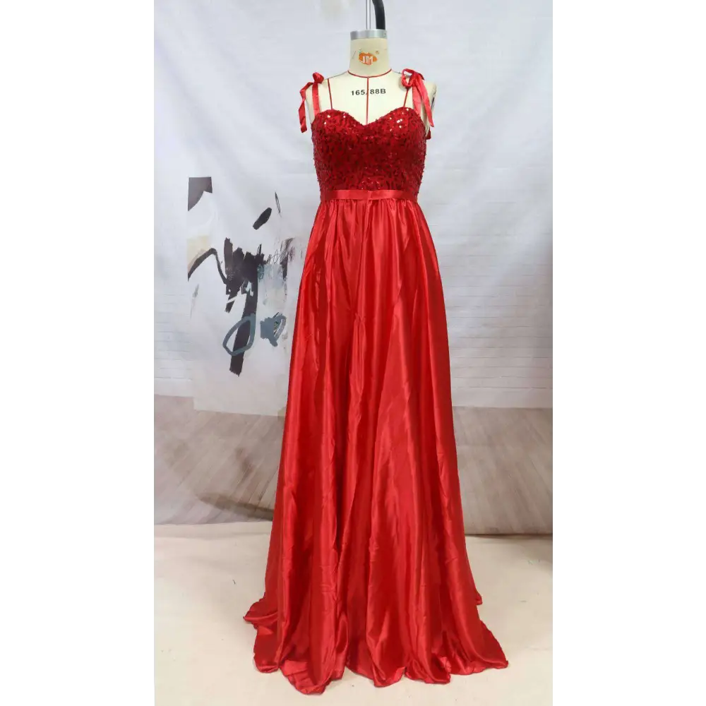 Red beaded satin temperament long banquet evening dress featuring a vibrant red satin gown with a beaded bodice and ribbon ties at the shoulders