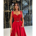 A vibrant red beaded satin temperament long banquet evening dress with a sweetheart neckline and thin straps