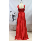 A vibrant red beaded satin temperament long banquet evening dress with sequined bodice and ribbon shoulder ties