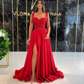 A vibrant red beaded satin temperament long banquet evening dress with a floor-length flowing satin skirt