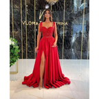 A vibrant red beaded satin temperament long banquet evening dress with sequined bodice and flowing satin skirt