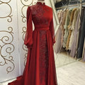 Red beaded stand collar luxury long sleeve gown featuring intricate embroidery on rich red fabric for evening wear