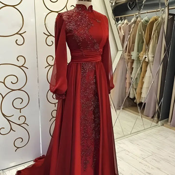 Red beaded stand collar luxury long sleeve gown featuring intricate embroidery on rich red fabric for evening wear