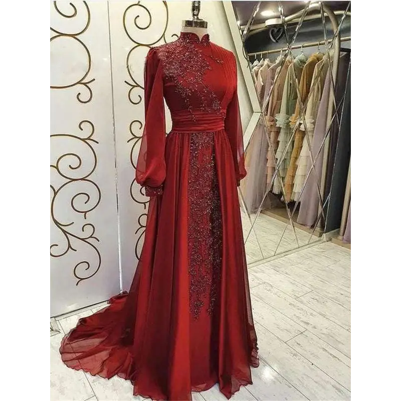 Red beaded stand collar luxury long sleeve gown featuring intricate embroidery on rich red fabric for evening wear