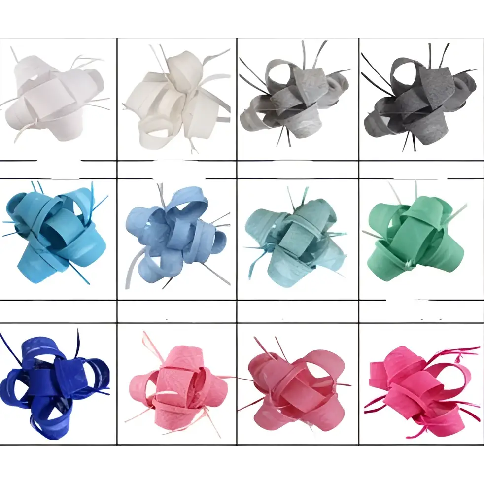 A collection of elegant woven ladies banquet ball hats with feather accents including a red bow fascinator in various colors