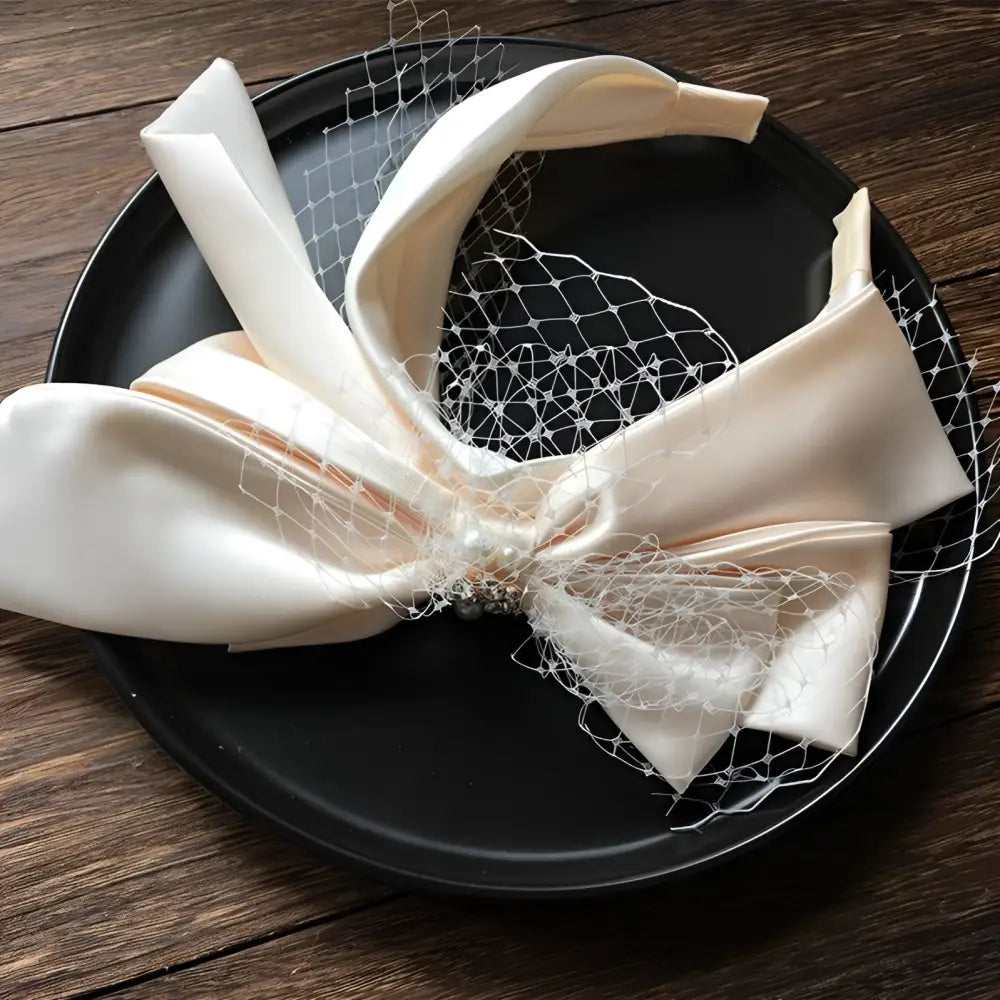 Delicate ivory satin bow with white lace and pearl on red bow fashion bridal wedding satin headband