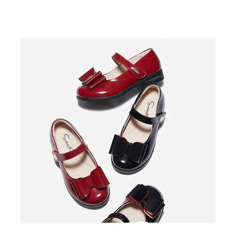 Red bow patent leather girl shoes princess with glossy red and black mary jane design and decorative bows