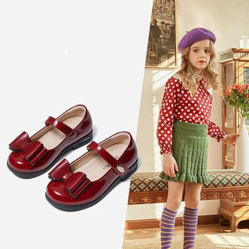 Shiny red bow patent leather girl shoes princess mary janes with a large front bow for elegant wear