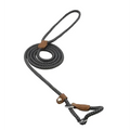 Black rope dog leash with white speckles and leather loops featuring metal hardware from red braided rope nylon pup set