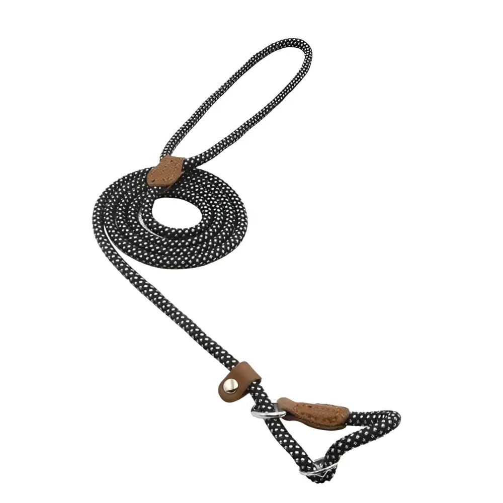 Black rope dog leash with white speckles and leather loops featuring metal hardware from red braided rope nylon pup set